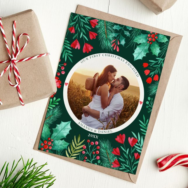 Cartão De Festividades Nossa Primeira Folhagem de Aquarela Envolvida no N (Our First Christmas Engaged Watercolor Foliage Holiday Card)