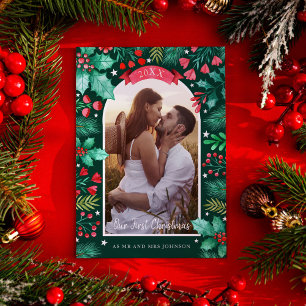 Cartão De Festividades Nossa Primeira Foto De Aquarela Casada De Natal