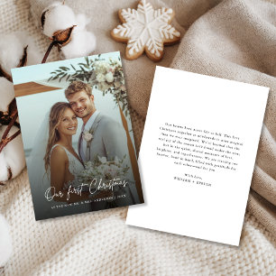 Cartão De Festividades Nossa Primeira Foto de Natal de Casamento Elegante