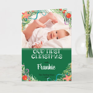 Cartão De Festividades Nossa Primeira Foto & Nome do Bebê no Natal Branco