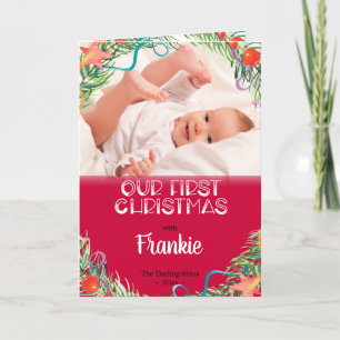 Cartão De Festividades Nossa Primeira Foto & Nome do Bebê no Natal Vermel