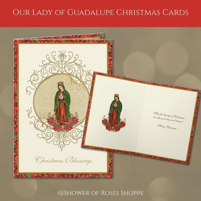 Cartão De Festividades Nossa Senhora de Guadalupe Natal Feriado de Poinse (Our Lady of Guadalupe Christmas Cards with red poinsettias)