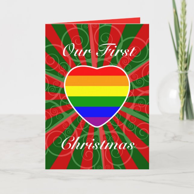 Cartão De Festividades Nosso Primeiro Natal como Casal Casado LGBT (Frente)