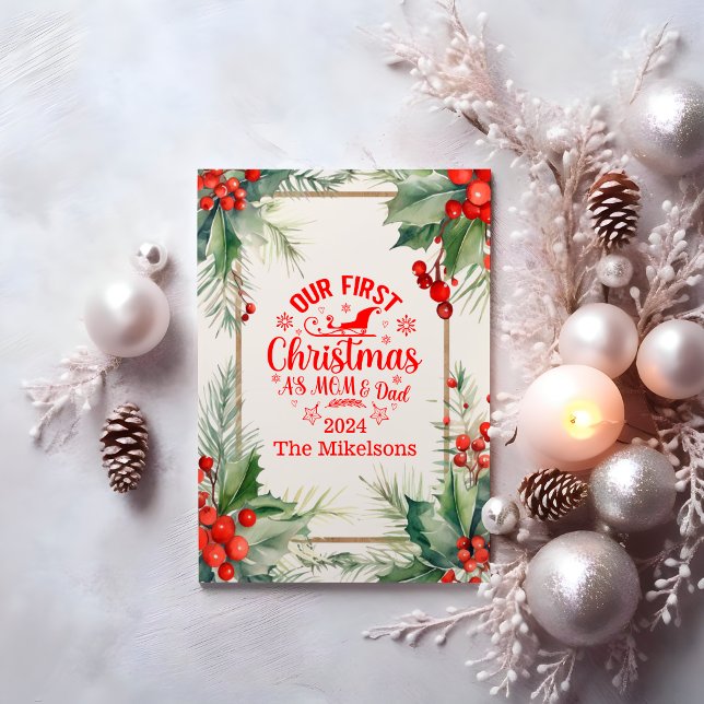 Cartão De Festividades Nosso Primeiro Natal como mãe e Pai (Criador carregado)