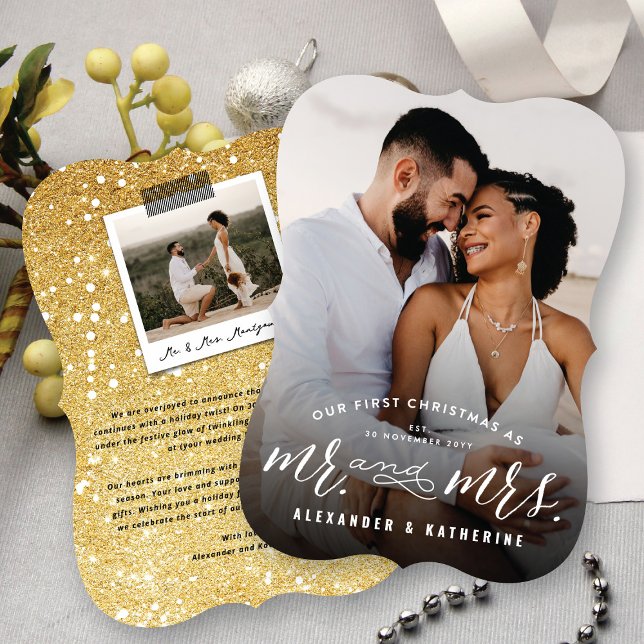 Cartão De Festividades Nosso Primeiro Natal Como Sr. E Sra. Foto Casada (Our First Christmas As Mr And Mrs Modern Typography - Holiday Wedding Photo Card by fat*fa*tin)