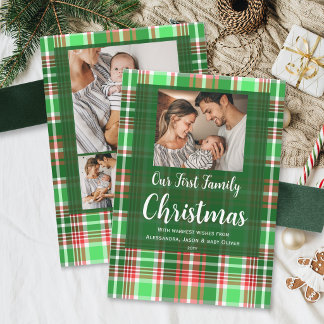 Cartão De Festividades Nosso Primeiro Natal em Família Foto Xadrez Vermel