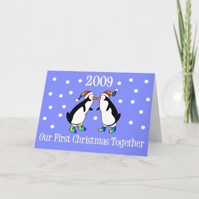 Cartão De Festividades Nosso Primeiro Natal Juntos 2009 (GLBT Penguins) (Frente)