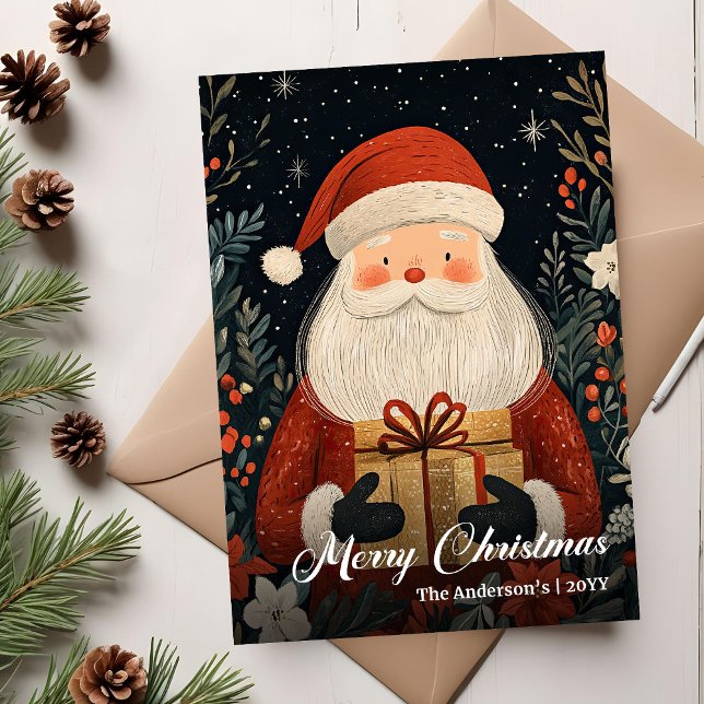 Cartão De Festividades Nostalgic Christmas Santa card elegant folk charm (Nostalgic Christmas Santa card elegant folk charm)