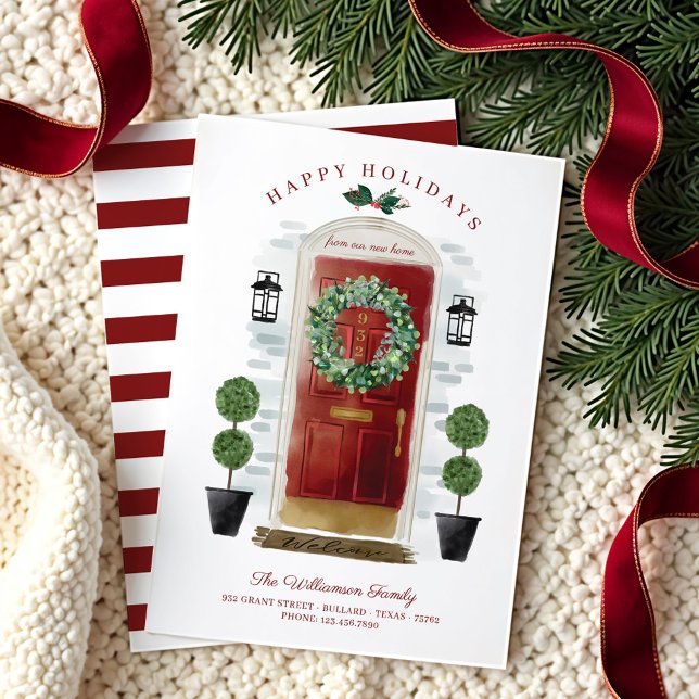 Cartão De Festividades Nova casa para a porta vermelha de aquarela de fer (New Home For the Holidays Red Watercolor Door Holiday Card)
