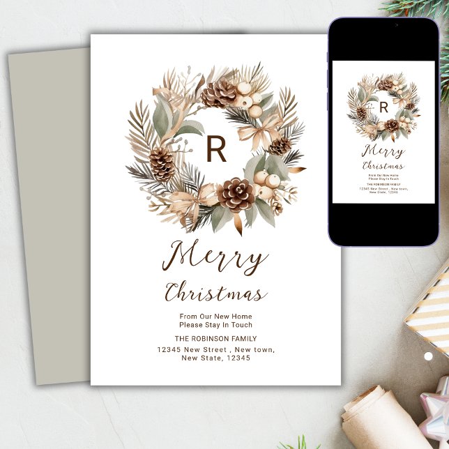 Cartão De Festividades Nova Casa Para Os Feriados Pinecone Winter Wreath (Criador carregado)