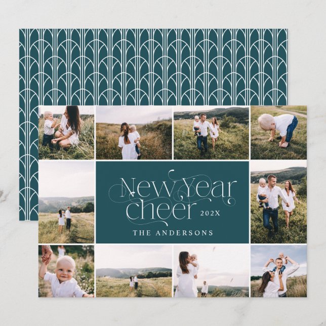 Cartão De Festividades Novo ano multifoto elegante Deco de arte moderno (Frente/Verso)