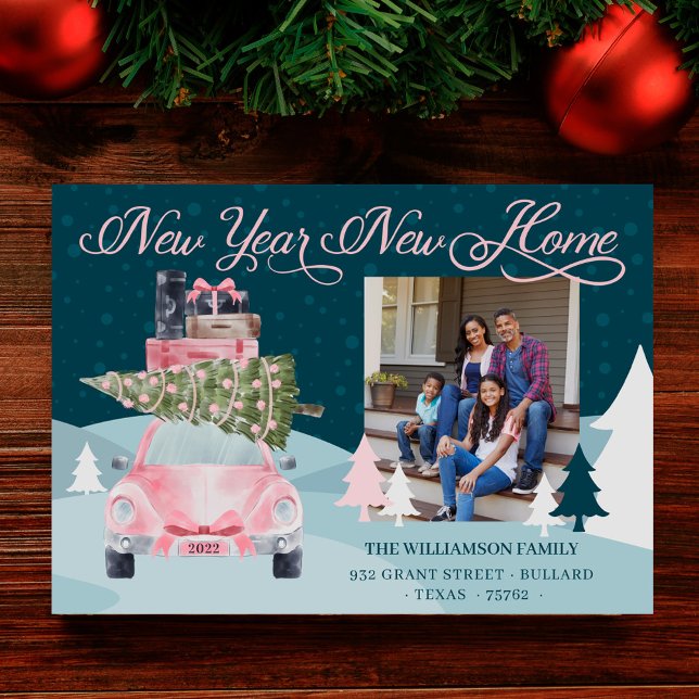 Cartão De Festividades Novo Ano Novo Carro Retrorreflector Rosa Quadrado, (New Year New Home Chic Pink Retro Car Moving Photo Holiday Card)