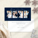 Cartão De Festividades Novo Marinho 4 Fotografias Feliz Natal<br><div class="desc">Newlyweds 4 Fotos White Script Marinho Azul Feliz Natal Disponível digitalmente e impresso. Moderno e minimalista,  com um roteiro de na moda para Feliz Natal. Substitua as fotos de amostra pelos seus próprios favoritos de casamento e personalize o resto das palavras em cada lado,  conforme necessário.</div>