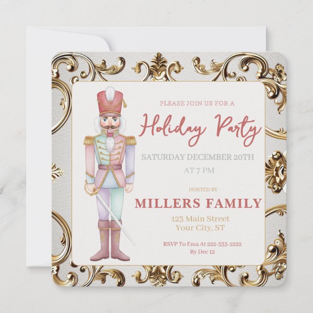 Cartão De Festividades Nutcracker Gold Frame Christmas Holiday Party (Frente)