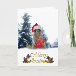 Cartão De Festividades O Bandit Raccoon de Natal com Presente