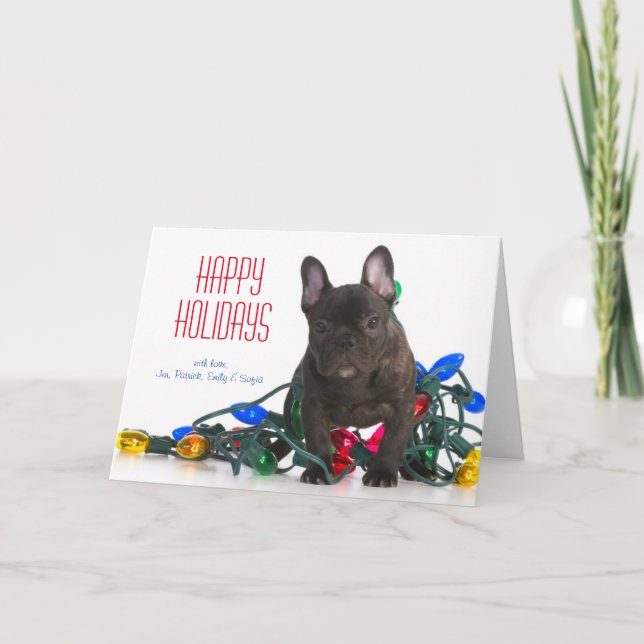 Cartão De Festividades O Buldogue Francês Puppy Tangido Em Luzes (Frente)