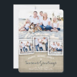Cartão De Festividades O cumprimento da estação rústica alegre feliz da<br><div class="desc">Uma colagem de quatro fotos de sua família é caracterizada neste design bonito, rústico que incorpora um efeito da textura de serapilheira e uns cumprimentos da estação festiva de feliz, alegres, agradavelmente. Tipografia lunática no azul branco e profundo da sarja de Nimes na parte dianteira e em flocos de neve...</div>