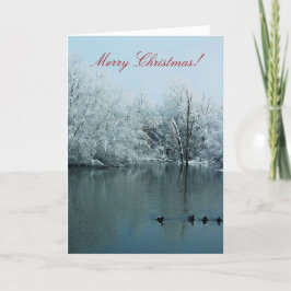 Cartão De Festividades O Feliz Natal carda com neve, lagoa, e patos