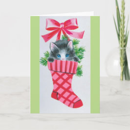 Cartão De Festividades O gatinho o mais doce do natal vintage em uma meia