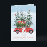 Cartão De Festividades O inverno morno deseja o boneco de neve e o carro<br><div class="desc">O inverno morno colorido e do divertimento deseja com um carro vermelho pequeno carregado com uma árvore de Natal e uns pacotes sobre-feitos sob medida quando dois pássaros se sentarem apenas além nas árvores e um boneco de neve está estando no centro com chapéu alto preto sobre e um lenço...</div>