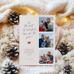 Cartão De Festividades O Momento Mais Maravilhoso do Ano em Foto<br><div class="desc">é a época mais maravilhosa do ano!,  cartão de férias moderno minimalista com 3 fotos. Características,  fundos bege suave e vermelho rústico com tipografia preta elegante e detalhe de laço vermelho festivo.</div>