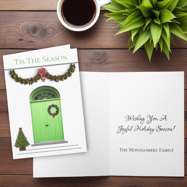 Cartão De Festividades O Natal Das Portas Verdes É A Secura Da Estação (Christmas card template cover and inside greeting)