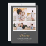 Cartão De Festividades O Natal é Dourado | Cinza Modern 4 foto COLLAGE<br><div class="desc">Este simples e elegante design de feriado apresenta quatro das suas fotos pessoais favoritas e a palavra "Natal" em texto escrito à mão com efeito dourado sobre um fundo de cor de CINZA limpoMínimo e elegante com colagem de fotos e efeito brilhante falso, este design é impressionante e atraente! Adicione...</div>