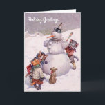 Cartão De Festividades O natal vintage carda, boneco de neve & gatos<br><div class="desc">Um cartão de Natal antigo que caracteriza alguns gatos que constroem um boneco de neve, tendo uma grande estadia. A imagem é do artista Arthur Thiele, cujos os trabalhos atrasados dos 1800s são famosos para descrever animais antropomórficos - gatos em particular - em engraçado, humano-como cenas. A parte dianteira do...</div>