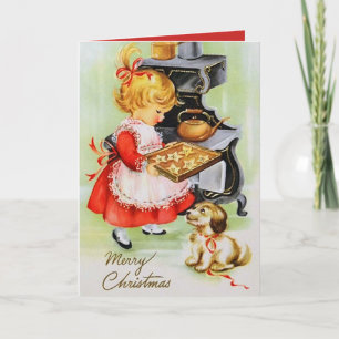 Cartão De Festividades O natal vintage retro que coze a menina adiciona a