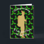 Cartão De Festividades O papai noel do Natal estaria caminhando<br><div class="desc">O foco principal do design é um caminhante no grupo dourado da silhueta contra um fundo de repetir as folhas do azevinho no preto. O tag-line do defeito lê, "Natal está vindo. Se o papai noel não era ocupado estaria caminhando". Todos os textos dos cumprimentos podem facilmente ser substituídos com...</div>