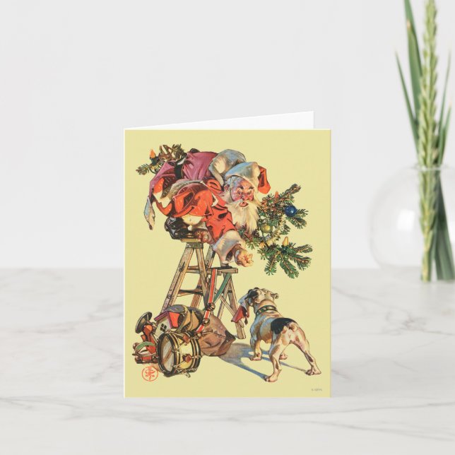 Cartão De Festividades O papai noel levanta uma escada (Frente)