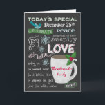Cartão De Festividades O quadro da cafetaria do Natal adiciona seus nomes<br><div class="desc">Um design na moda da cafetaria, inspirado pelo signage do quadro visto nos cafés e nos bistros. Proclamando o special de hoje para o 25 de dezembro, este cartão do feriado do divertimento é certo transformar-se uma lembrança estimada do Natal. Deseje seus família e amigos, paz, serenidade, alegria e um...</div>