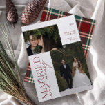 Cartão De Festividades O Sr. e a Sra. Red Green Tartan casaram-se e Feliz<br><div class="desc">Apresentando nosso espantoso novo Minimalista Sr. e Sra. Red e Green Tartan Casaram-se com o Cartão de Férias de Feliz: uma design moderna com tipografia elegante e uma querida foto de casamento, em vermelho e branco festivos. A frente minimalista é complementada por uma xadrez quente, festiva, vermelha e verde-tartã nas...</div>