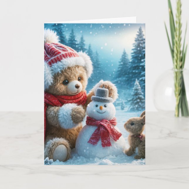 Cartão De Festividades O Urso de Teddy de Natal Construindo um Neve (Frente)