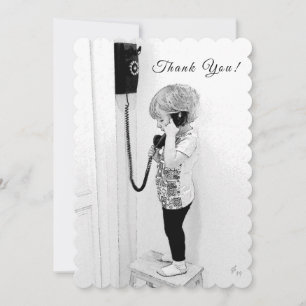 Cartão De Festividades Obrigado, Criança, Telefone Antigo, Arte B&W
