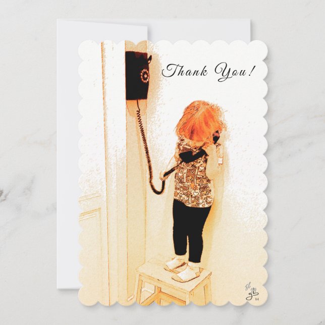 Cartão De Festividades Obrigado, Criança, Velho Telefone, Fotografia (Frente)