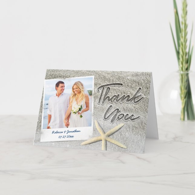 Cartão De Festividades Obrigado da foto do casamento de praia você carda (Frente)