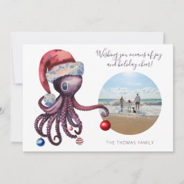 Cartão De Festividades Octopus de Natal na Imagem Náutica de Santa Hat