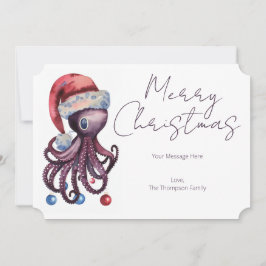 Cartão De Festividades Octopus Natal Aquarela vestindo um chapéu de Papai