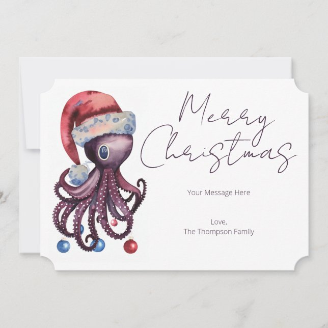 Cartão De Festividades Octopus Natal Aquarela vestindo um chapéu de Papai (Frente)