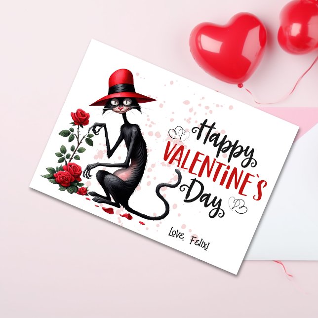 Cartão De Festividades Odd Black Cat Com Red Hat Happy Valentines Day (Criador carregado)