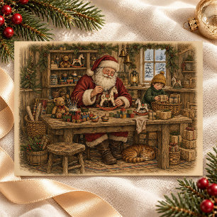 Cartão De Festividades Oficina de Brinquedos do Papai Noel Natal Pintura