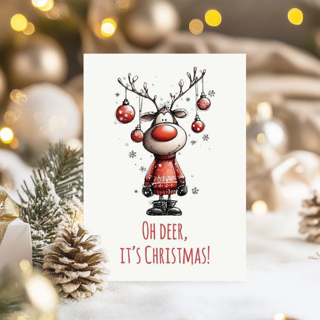 Cartão De Festividades Oh Deer Funny Reindeer Christmas Card (Oh Deer Funny Reindeer Christmas Card on a table with Christmas decoration)