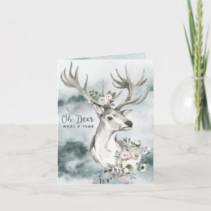 Cartão De Festividades Oh Deer, que ano Vedante Aquarela com Flores