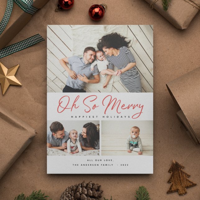 Cartão De Festividades Oh, então Feliz Red Script Collage 3 Foto Natal (Criador carregado)