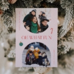 Cartão De Festividades Oh Que Foto Divertida do Quadro de Arcos Rosa 3<br><div class="desc">Cartão com fotos branco e mínimo de férias com dois quadros cor-de-rosa com texto que diz "oh que divertido." Há também uma ilustração de uma cana doce e um Enfeites de natal. Você pode adicionar um total de 3 fotos neste cartão na frente e atrás.</div>