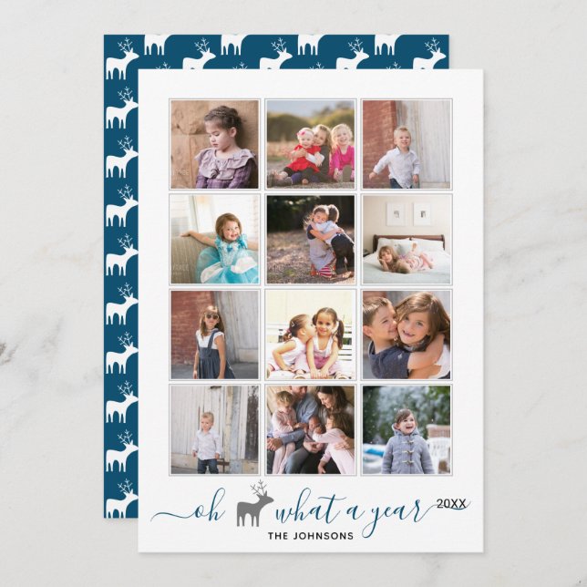 Cartão De Festividades Oh veado que ano de revisão foto colagem azul (Frente/Verso)