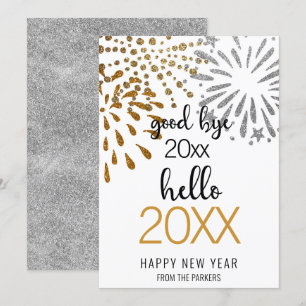 Cartão De Festividades Olá Ano Novo Fogos Festivos Dourados Glitter Chic