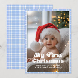 Cartão De Festividades Olhos Azuis Bebê Xadrez Meu Primeiro Natal Bebê