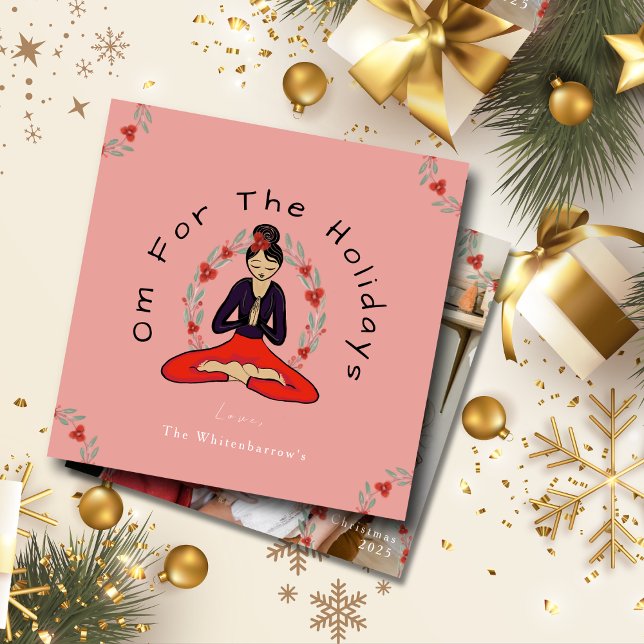 Cartão De Festividades 'Om For The Holidays' Yoga and Wreath Holiday Card (Fun Yogi Holiday Card with Yoga Girl and Wreath Art, 'Om for the Holidays' Greeting and your Photo!)